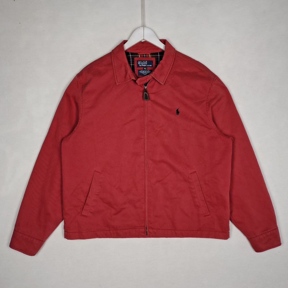 Polo Ralph Lauren Mens XL Red Plaid Lined Harrington Jacket Cotton Twill Zip Up